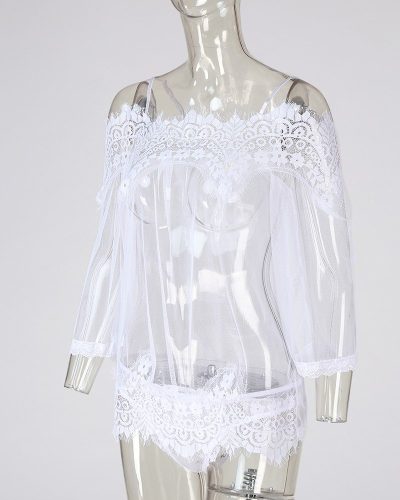 Off Shoulder Eyelash Lace Trim Babydoll Lingerie