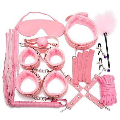 10 Pieces Set Couple Flirting Handcuffs Leather Bondage Kits Accessories